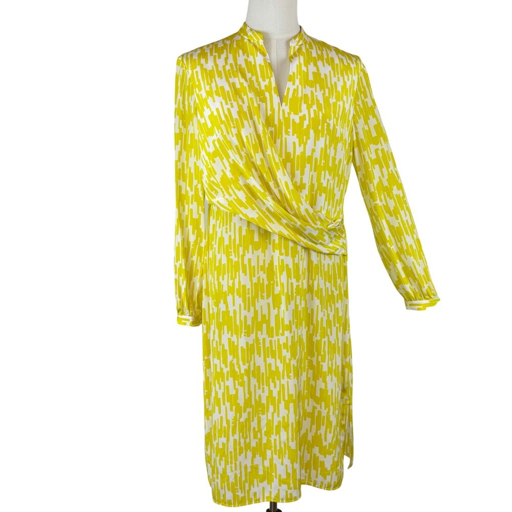 St. John Silk Draped Knee Length Dress Long Sleeve Printed Yellow L